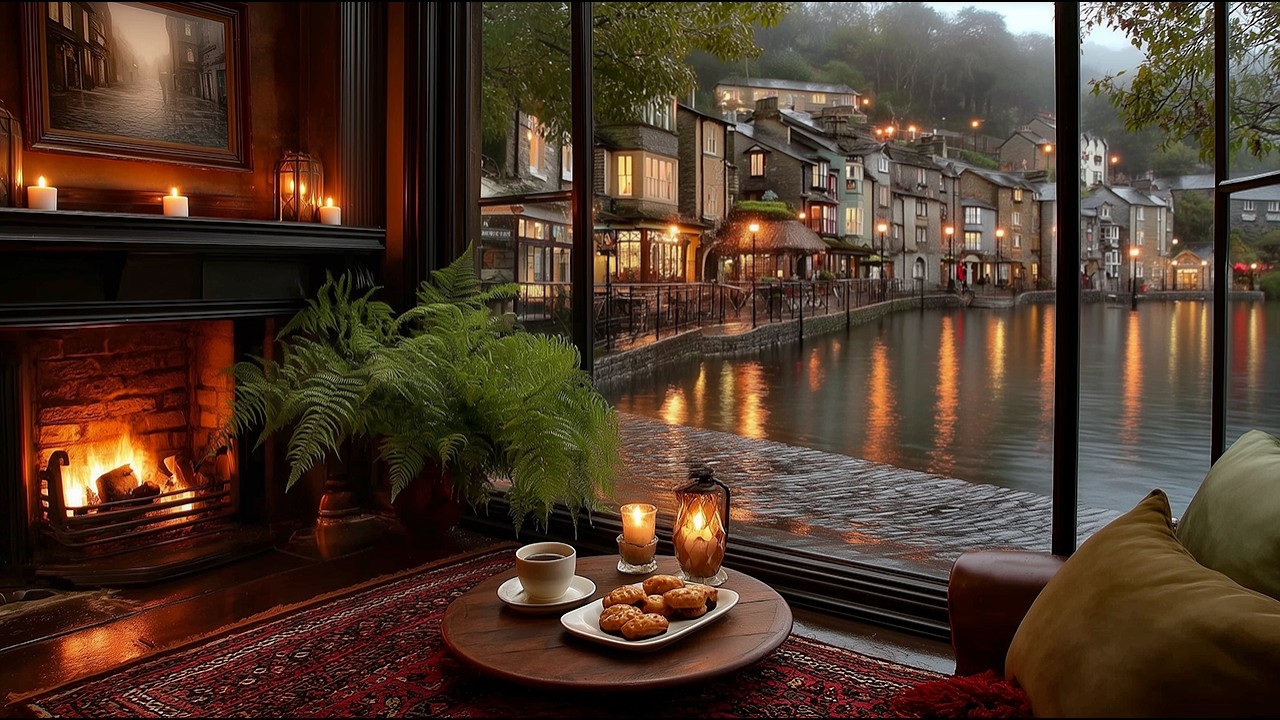 Rainy Cafe Ambience ☕ Soft Jazz Piano & Fireplace | Study, Work & Relax