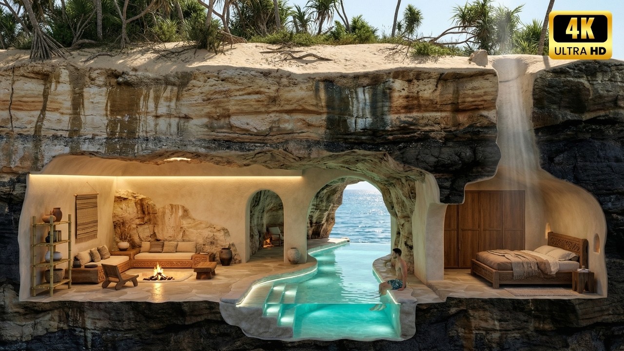 Man Builds SECRET HOUSE Inside Coastal Cave | Remote Island Build (ASMR) 🏝️