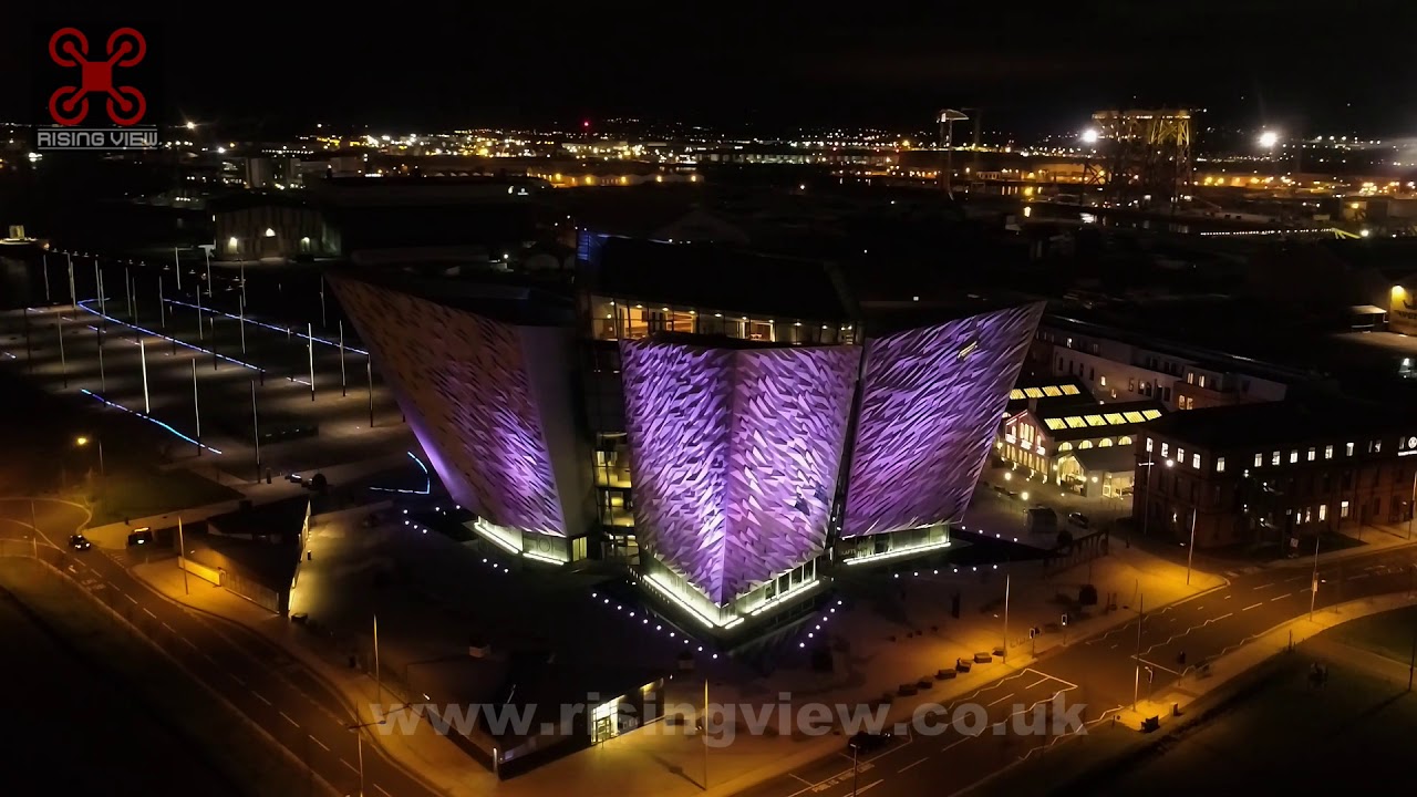 Titanic Belfast, Titanic Quarter, Northern Ireland Night Drone Stock Video Footage
