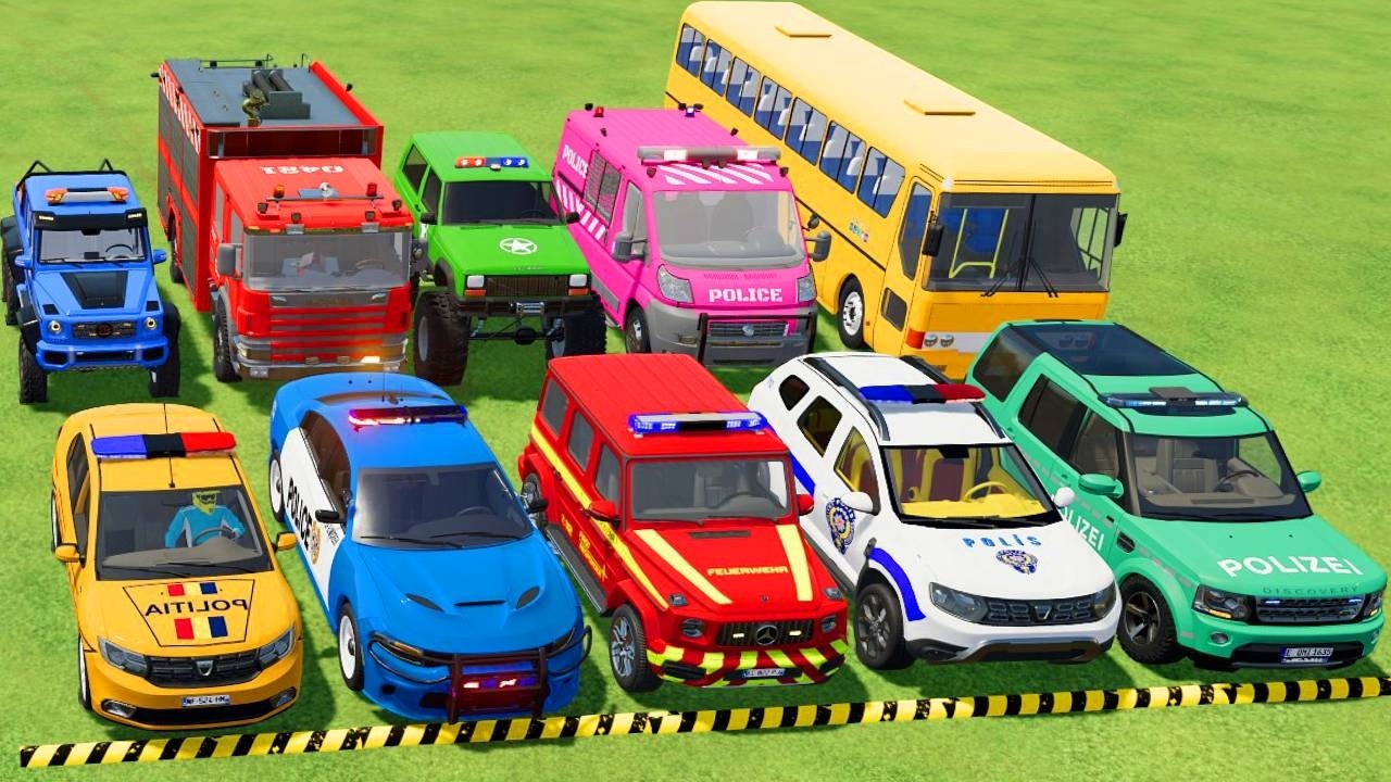 TRANSPORTING POLICE CARS, AMBULANCE, FIRE TRUCK, COLORFUL CARS WITH TRAIN -FARMING SIMULATOR 22!