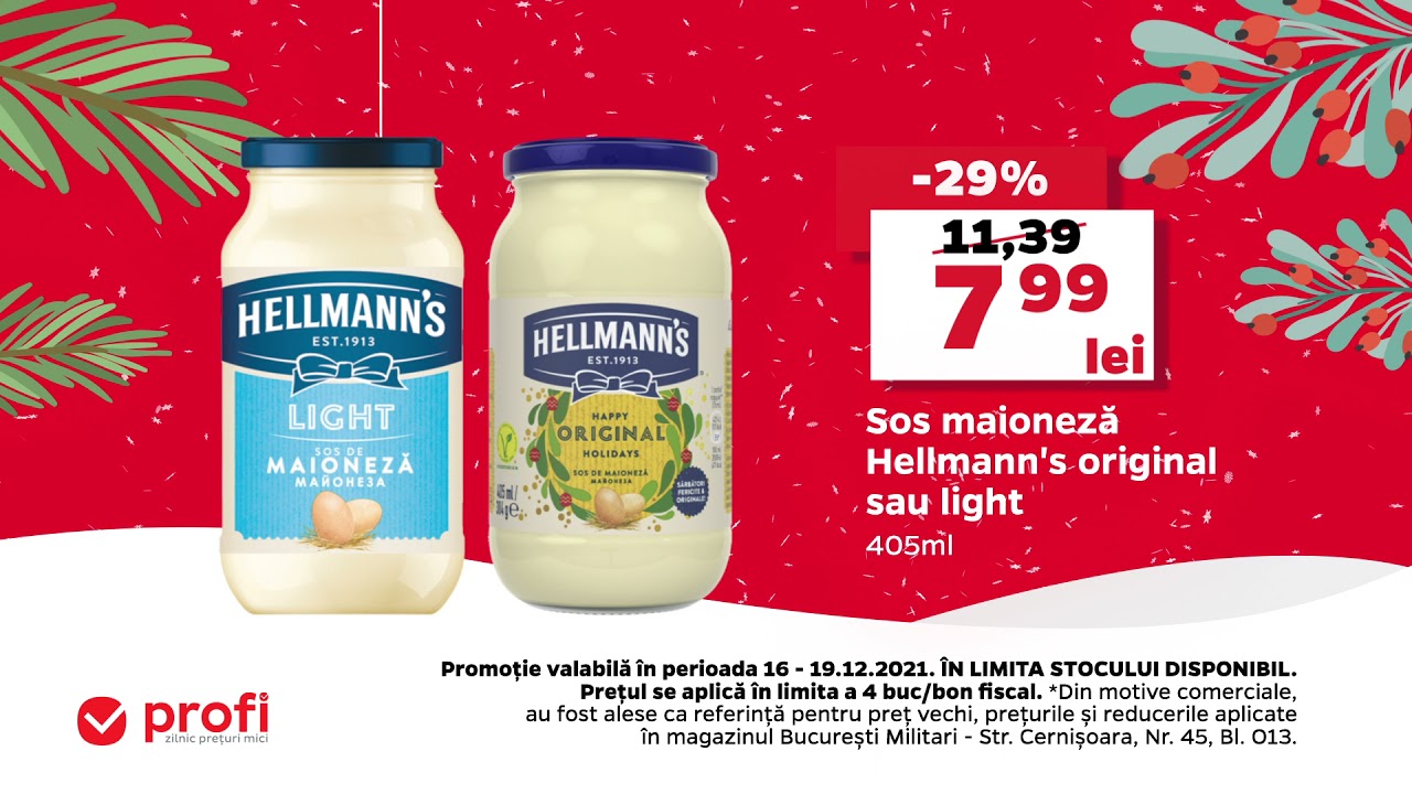 La Profi ninge cu promoții de sărbători. Acum ai Sos maioneză Hellmann's 405ml la un pret special.