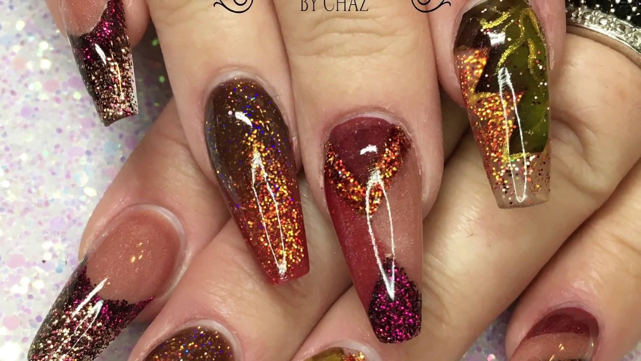 Autumn Acrylic Design Nails 🍂 with CJP acrylic, Real Leaves and Femme Fatale Glitters