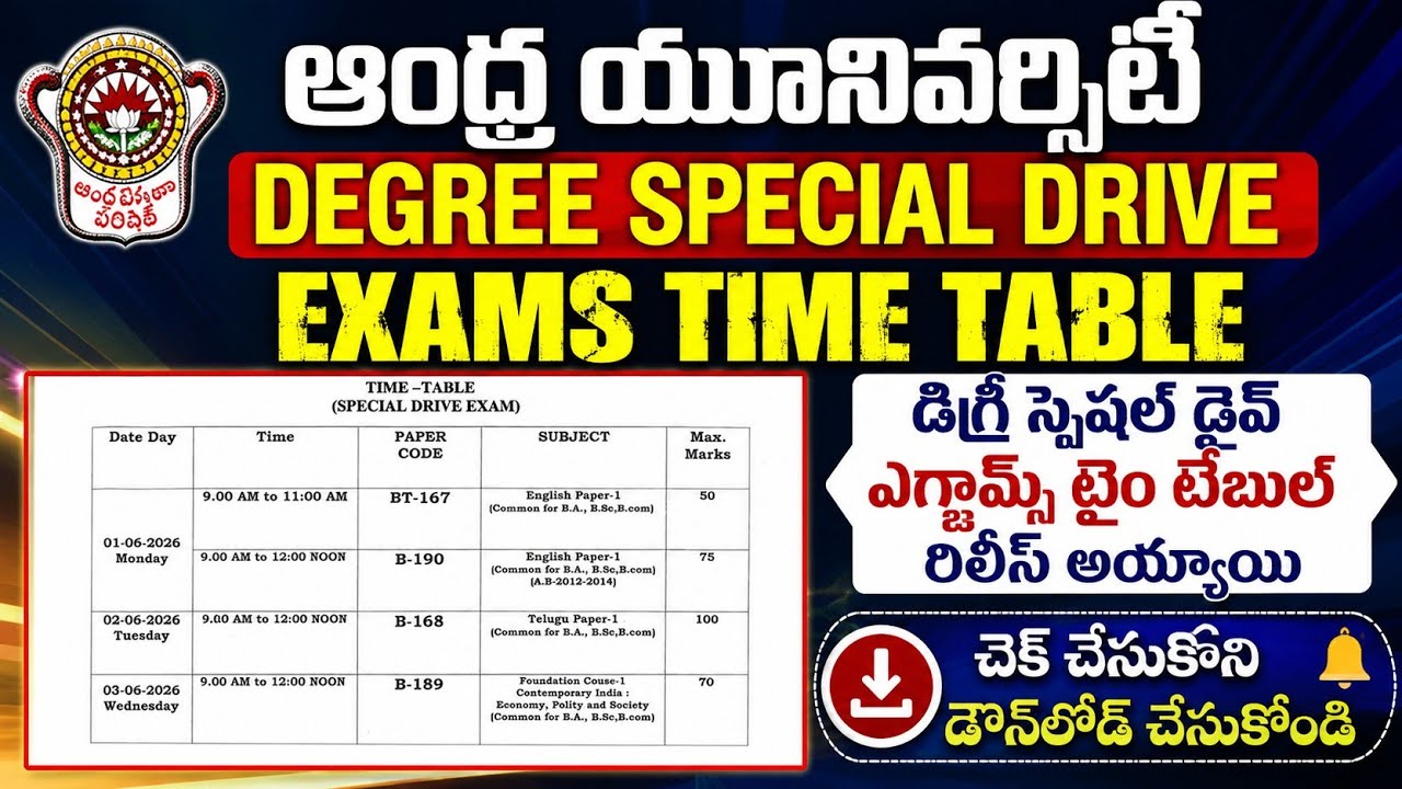 Andhra University degree special drive exams may/June 2026 exams time table realsed all groups|au|
