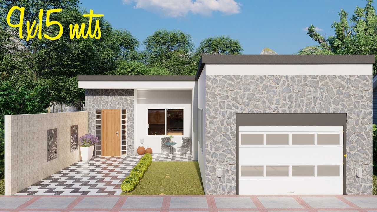 Plano de casa de 9x15 metros con 2 dormitorios y cochera
