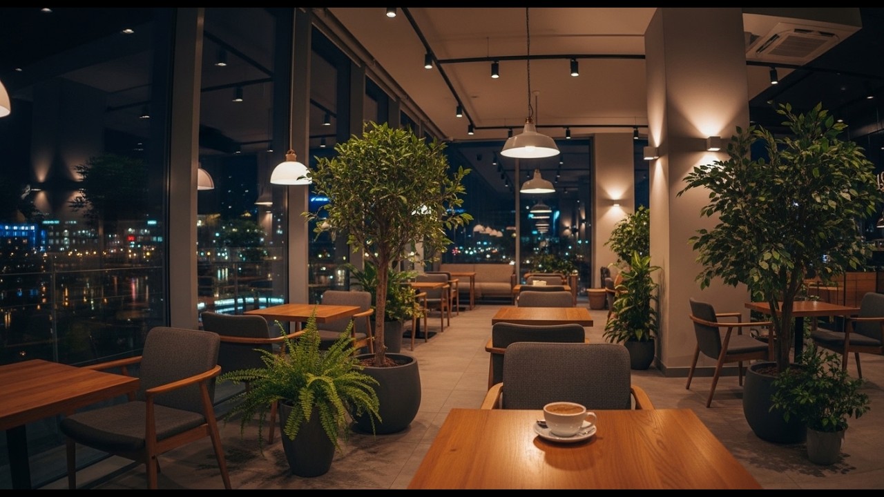 Cozy Modern Coffee Shop Ambience  Calm Night Café Interior for Study, Work & Relaxing Focus