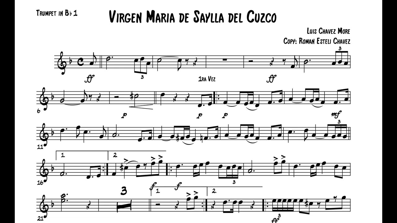 VIRGEN SAYLLA DEL CUZCO-MARCHA REGULAR-PARTITURA-TROMPETA🎺