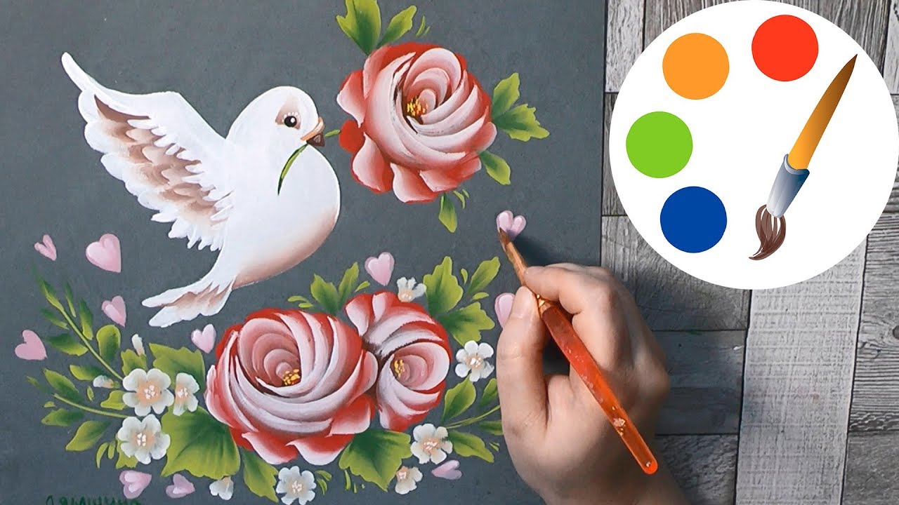 ❤ Valentine's Day ❤ How to paint White Dove and Roses by a flat brush, One Stroke for beginners