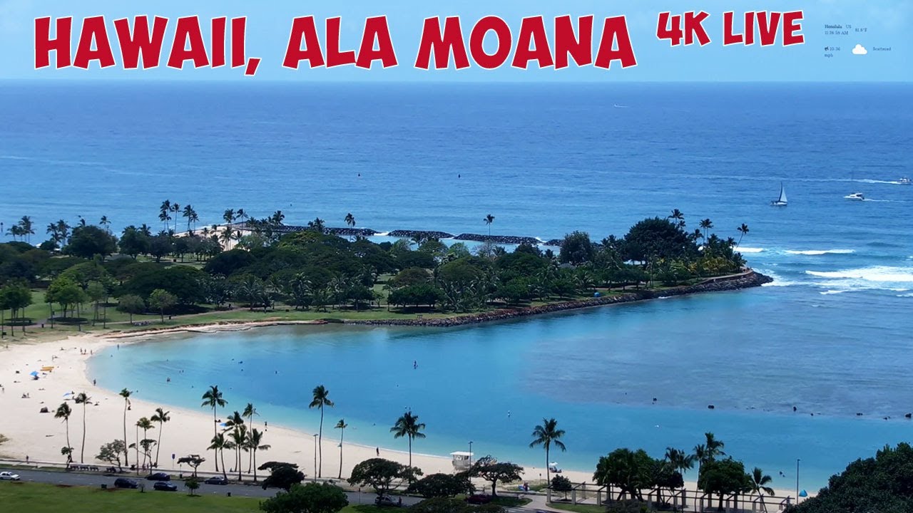 Hawaii live stream 4K.  Ala Moana, Magic Island, Honolulu. Surfers, beach, and fireworks on Friday.
