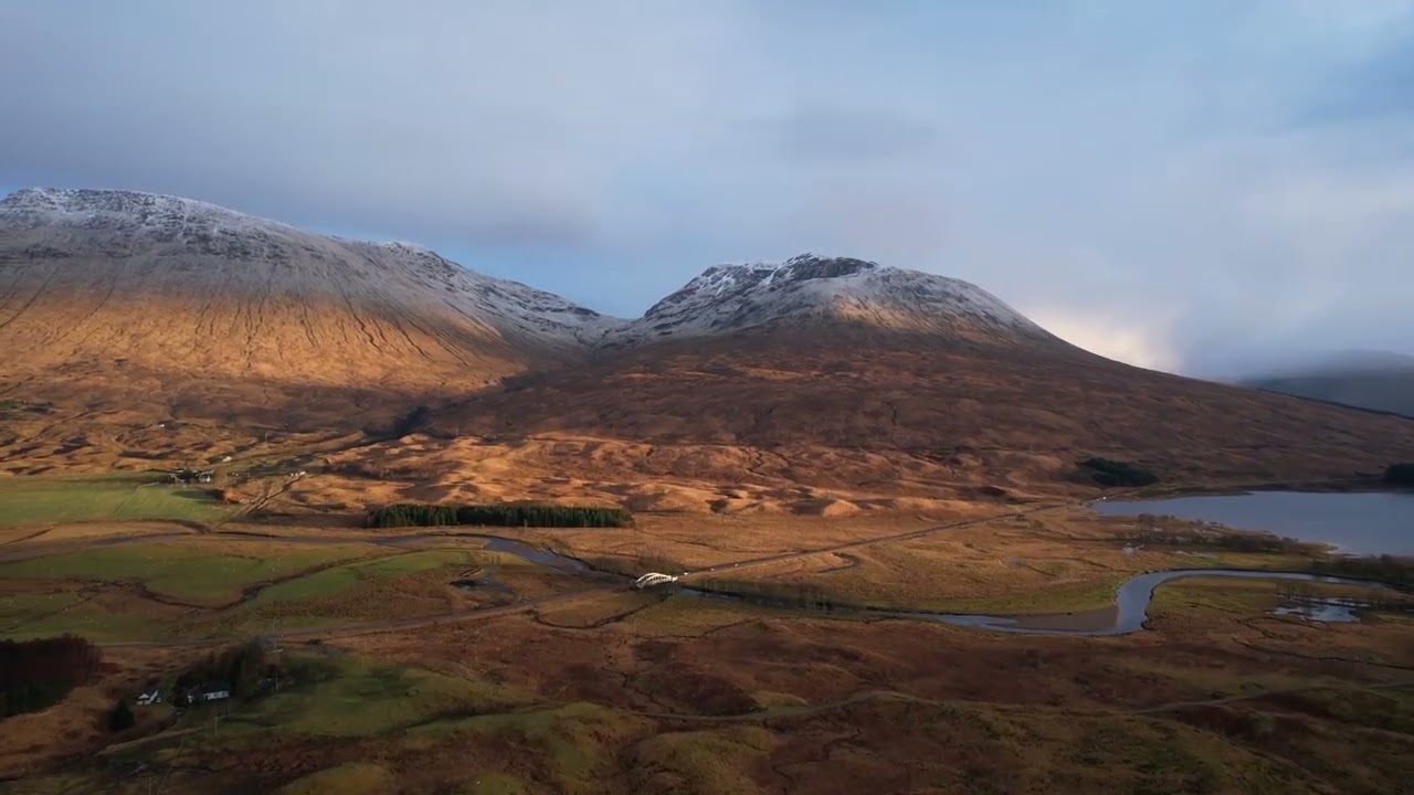 Drone View: Mountain shot from Loch Tulla Viewpoint in the Scottish Highlands UK