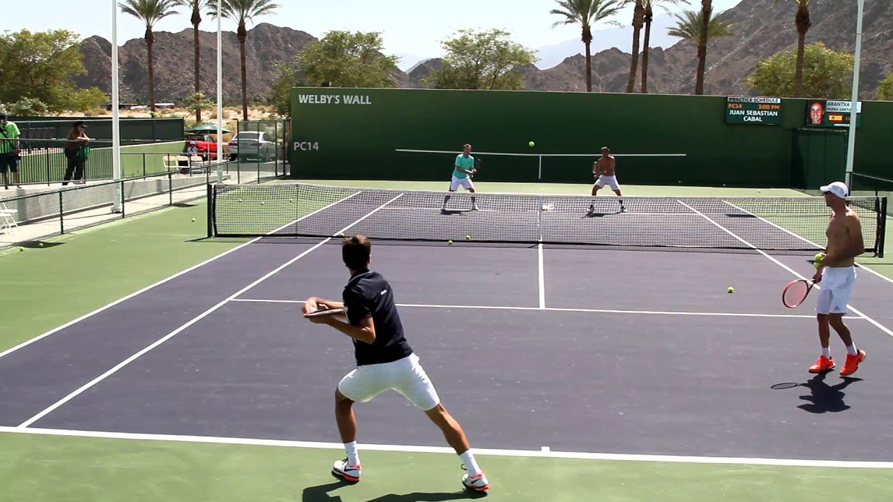 BNP Paribas Open Doubles Champions Nicolas Mahut and Pierre Herbert Practice with Mark Woodforde