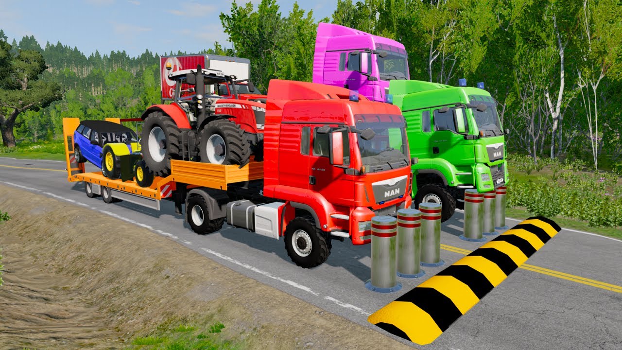 Double Flatbed Trailer Truck vs Speedbumps Train vs Cars Tractor vs Train BeamNG.Drive #04