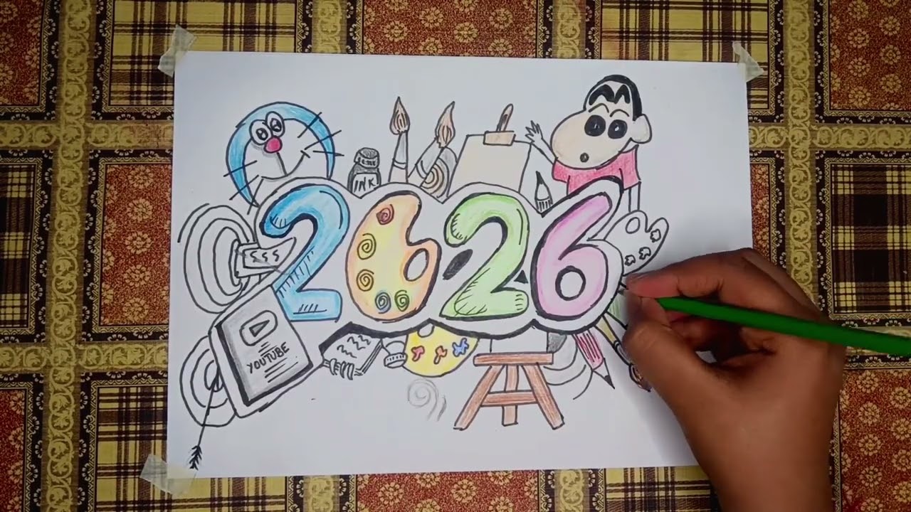 Happy New Year Drawing,  2026,  Doodle Art,  Pencil colour 😍 |Step by Step