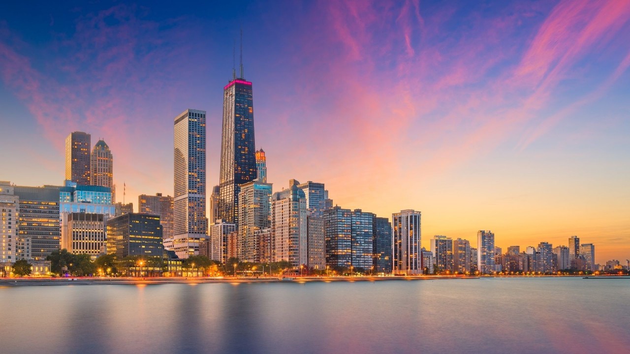 Midnight and Sunset  in Chicago 🌃 Peaceful City Lights & Soft Piano