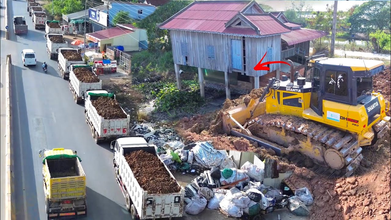 Epic Landfill Operation! SINOTRUK Trucks & SHANTUI DH17c3 Dozer Filling Soil Reclaims Mud Pond