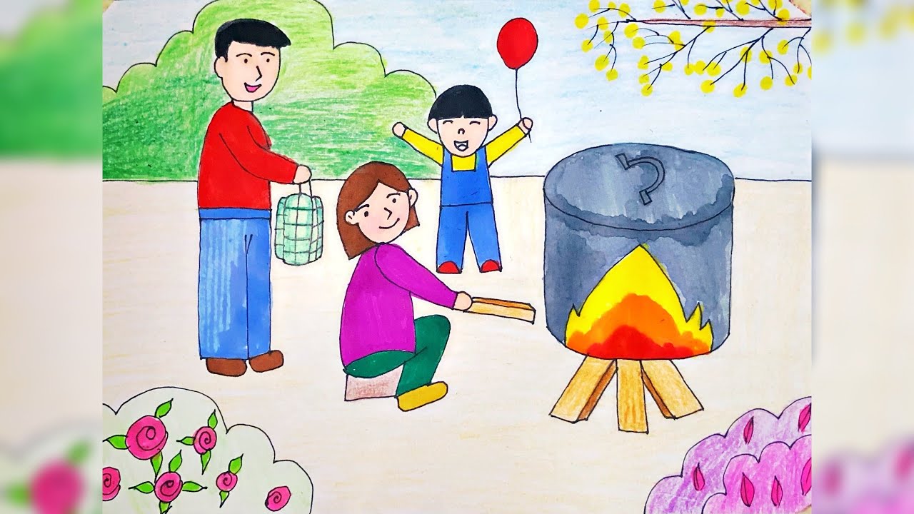 Vẽ Gia đình nấu bánh chưng ngày 30 Tết | Vẽ tranh ngày Tết và Mùa xuân