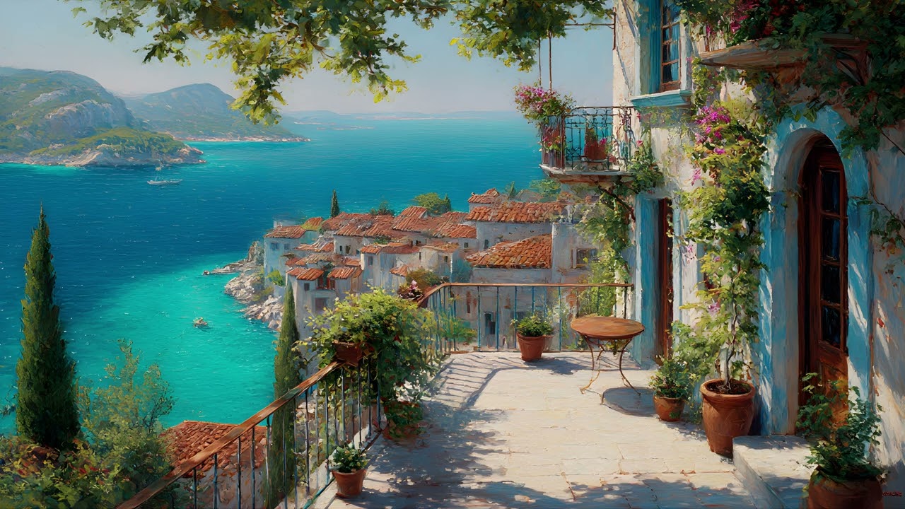 Frame TV ART 4k | Mediterranean Coastal Terrace View for TV screensaver (2h)