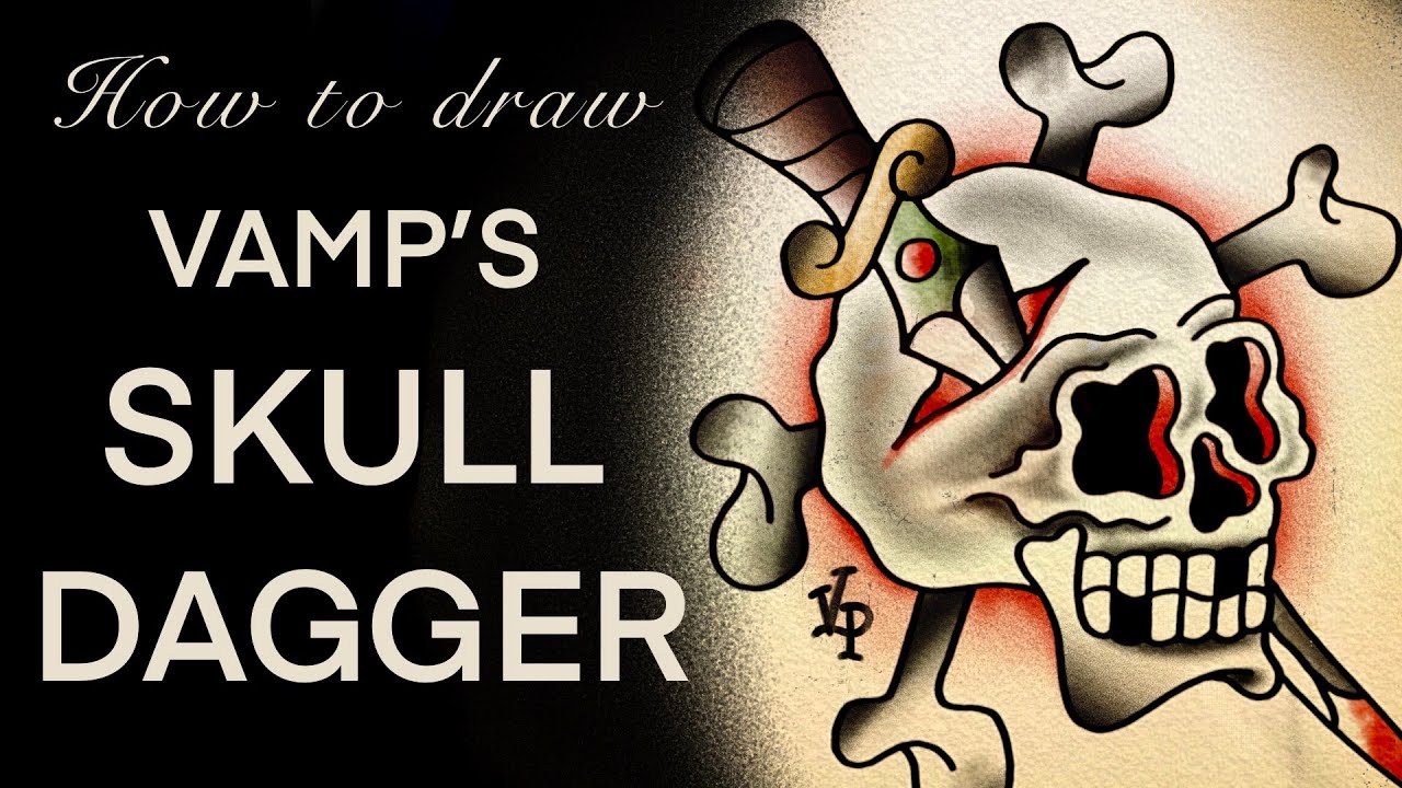How to Draw an Easy SKULL & DAGGER Old School Crossbones Tattoo Flash Design- Coloring Book Page