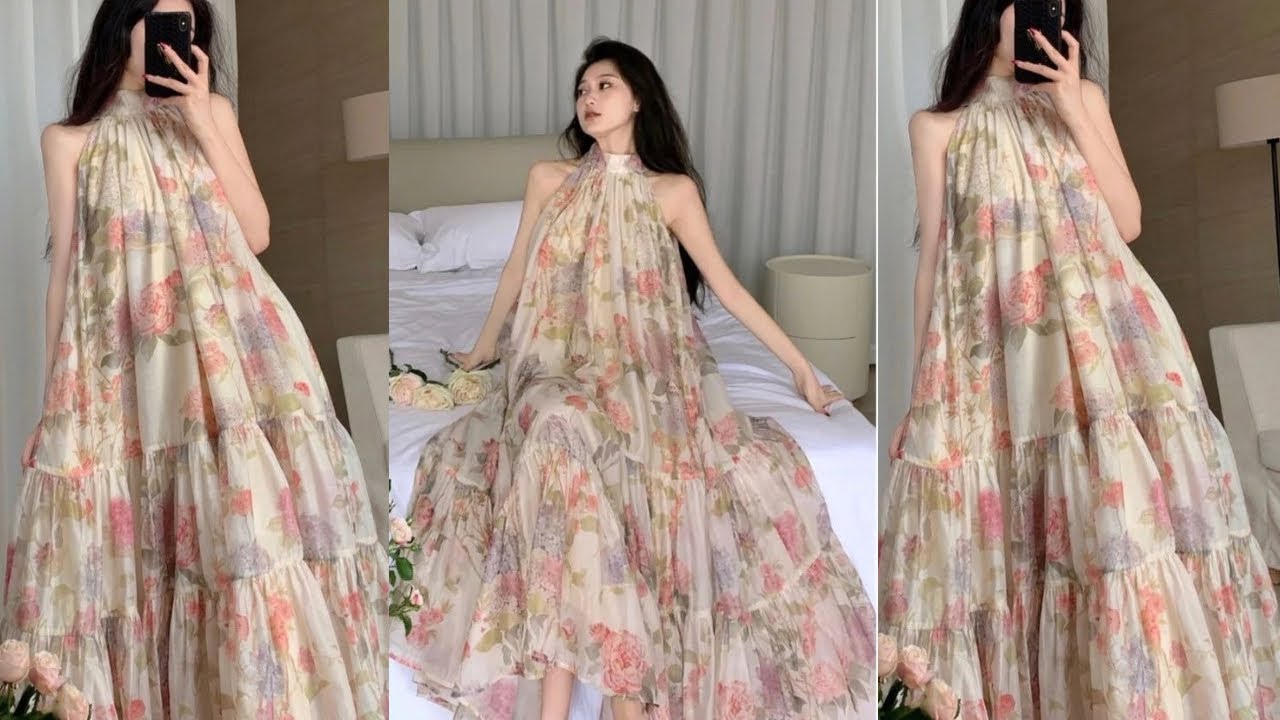 HOW TO MAKE A HALTER NECK TIERED MAXI GOWN WITH ROUND COLLAR GATHERED DRESS