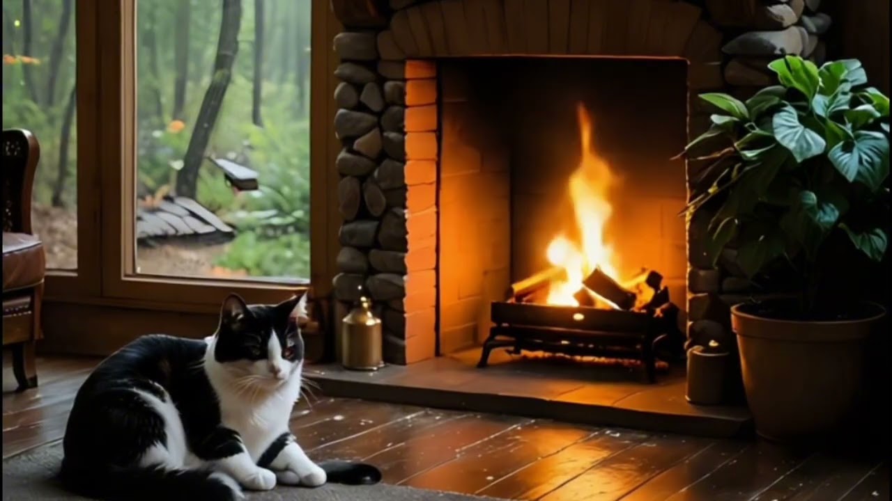 Rainy Forest Outside, Fireplace Inside 🏡🐈 | Cozy Cabin Ambience – 30 Min