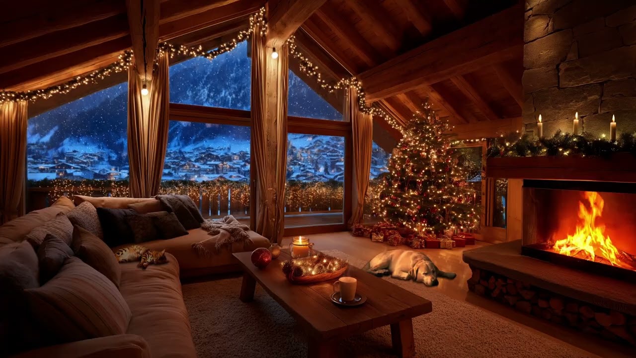Snowy Christmas Evening 🎅✨ | Crackling Fireplace, Soft Wind & Cozy Winter Ambience