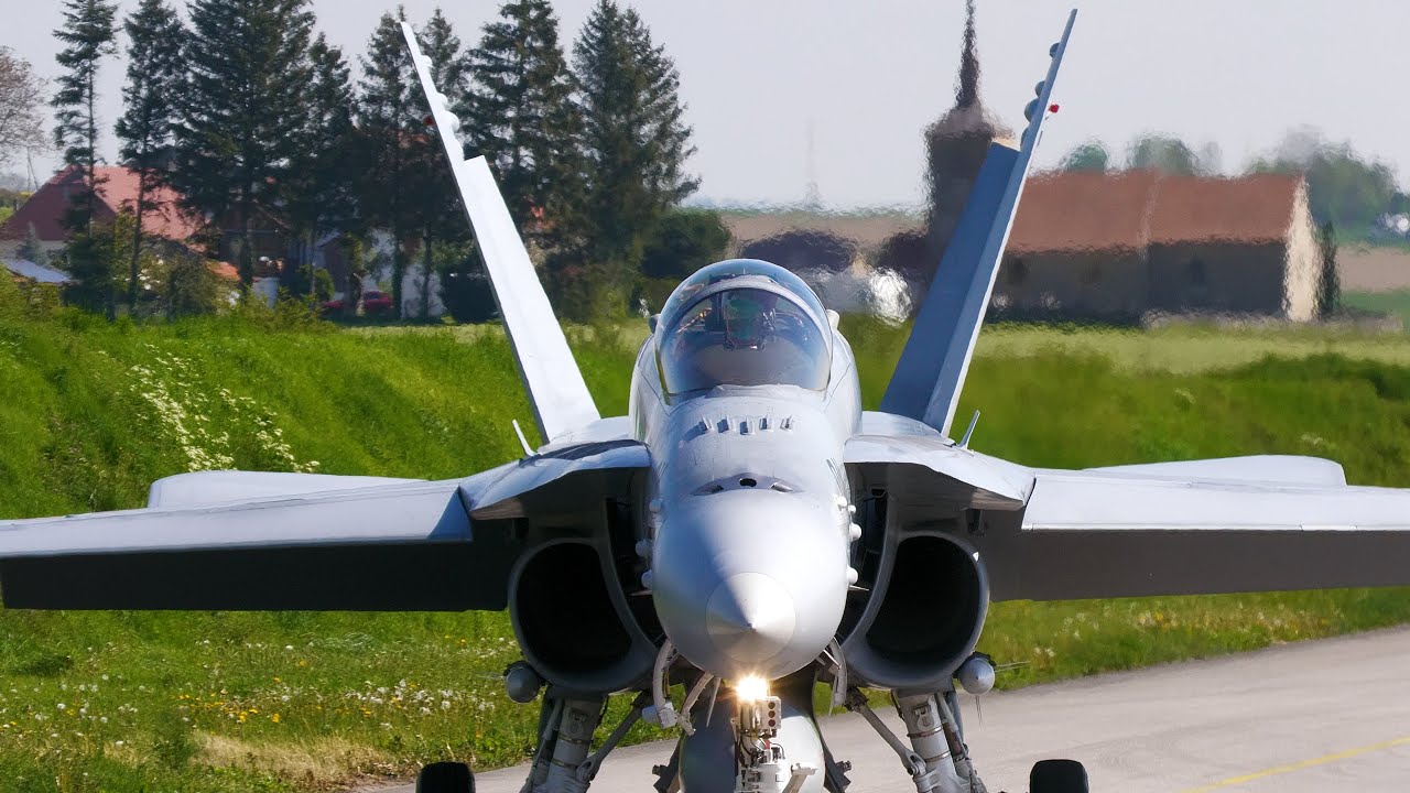 F/A-18C Swiss Airforce Close Taxiing & Takeoff May 2023 Airbase Payerne