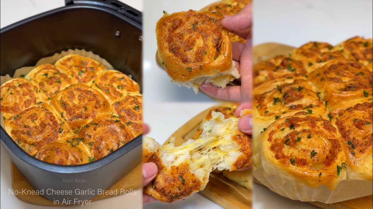 CHEESE GARLIC BREAD ROLLS in Air Fryer | Easy No-Knead Bread Recipe