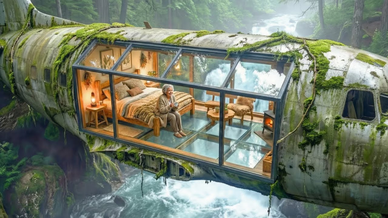 An Elderly Woman Builds a Luxury Room Inside a Plane Hanging Over a Waterfall (ASMR)