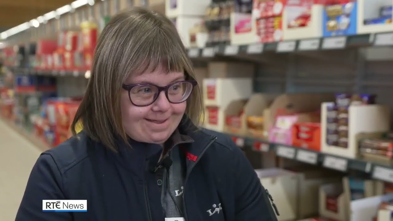Down Syndrome Ireland member Rachel chats working in Lidl on RTÉ News