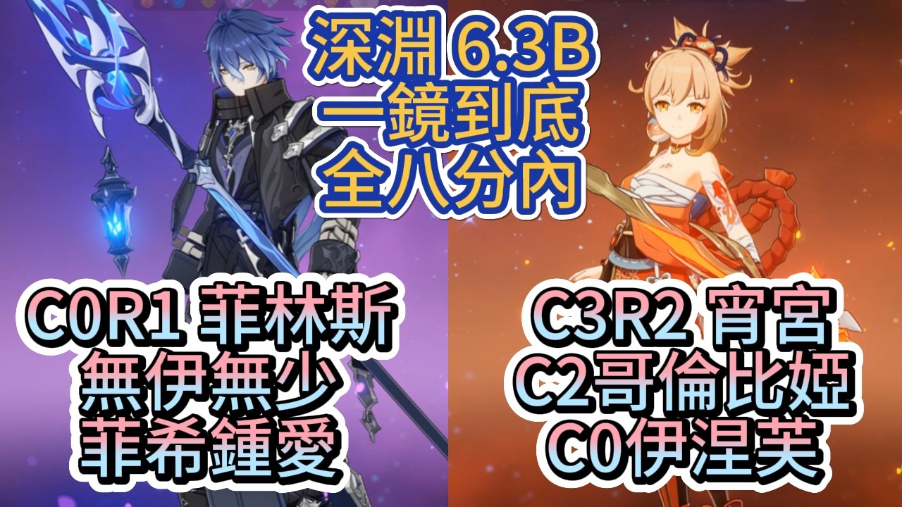 ★原神★深淵6.3B一鏡到底 全八分內 C0R1菲林斯 C3R2宵宮 C2少女 宵宮月神武裝破岩盾 娛樂隊