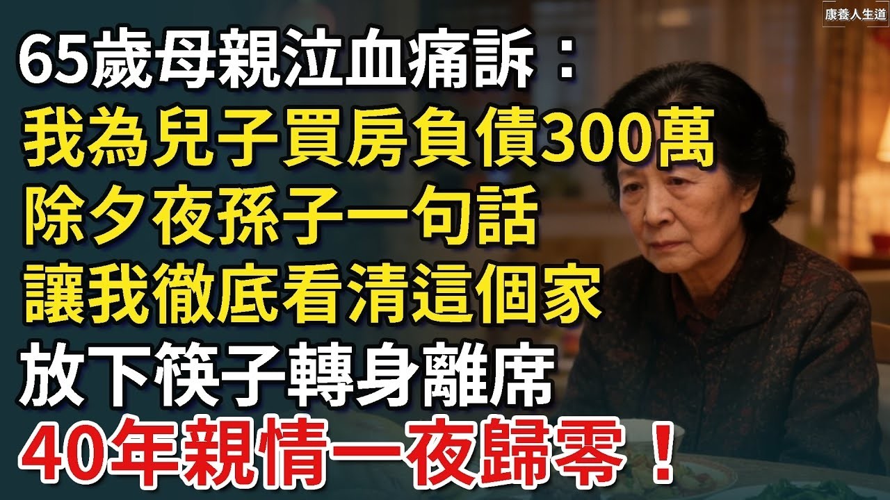 65歲母親泣血痛訴：我為兒子買房負債300萬，除夕夜孫子一句話，讓我徹底看清這個家，放下筷子轉身離席，40年親情一夜歸零！【康養人生道】 #康養人生道 #上了年紀該明白的事 #養老 #聰明老人