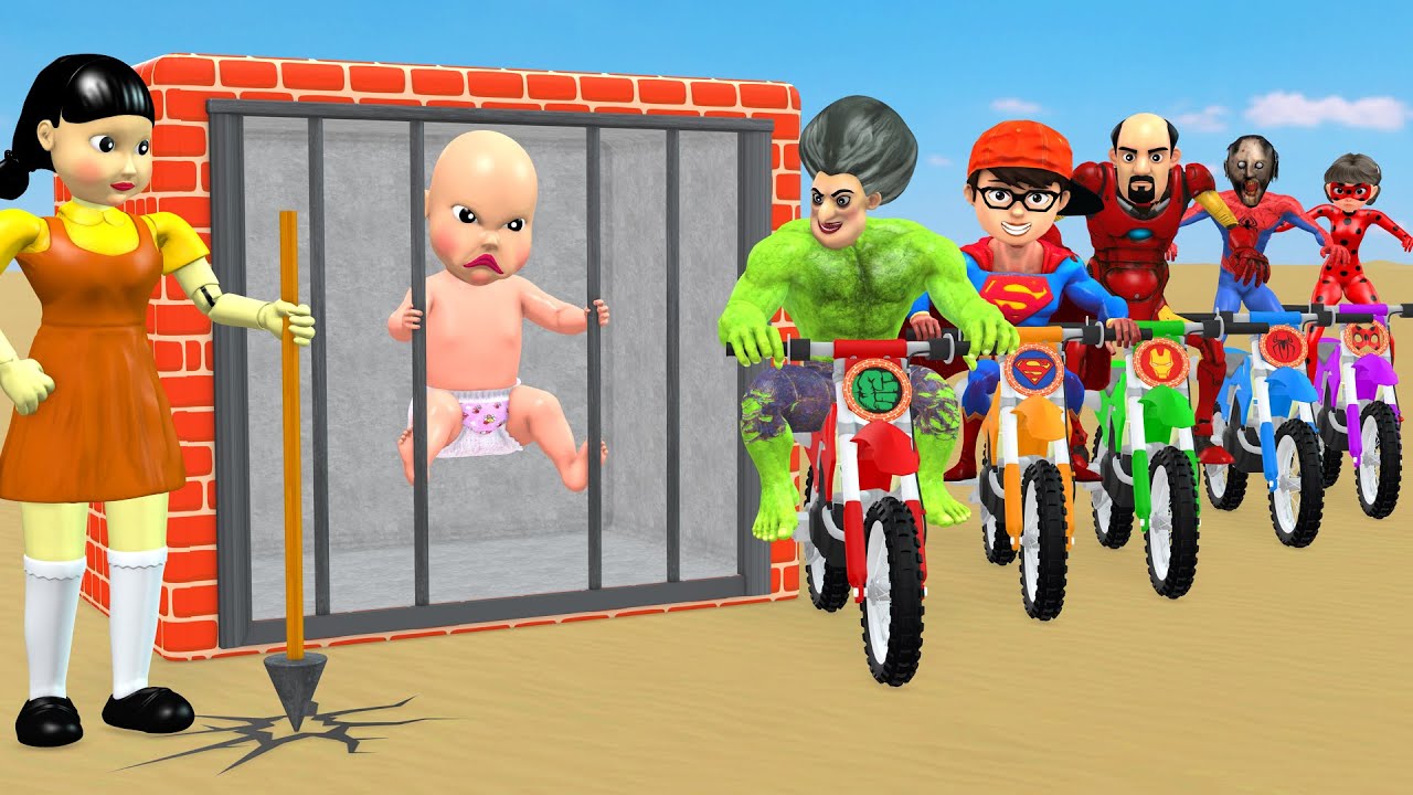 Scary Teacher 3D vs Squid Game Become Superhero throw Spear MissT Hulk Rescue Baby 5 Times Challenge