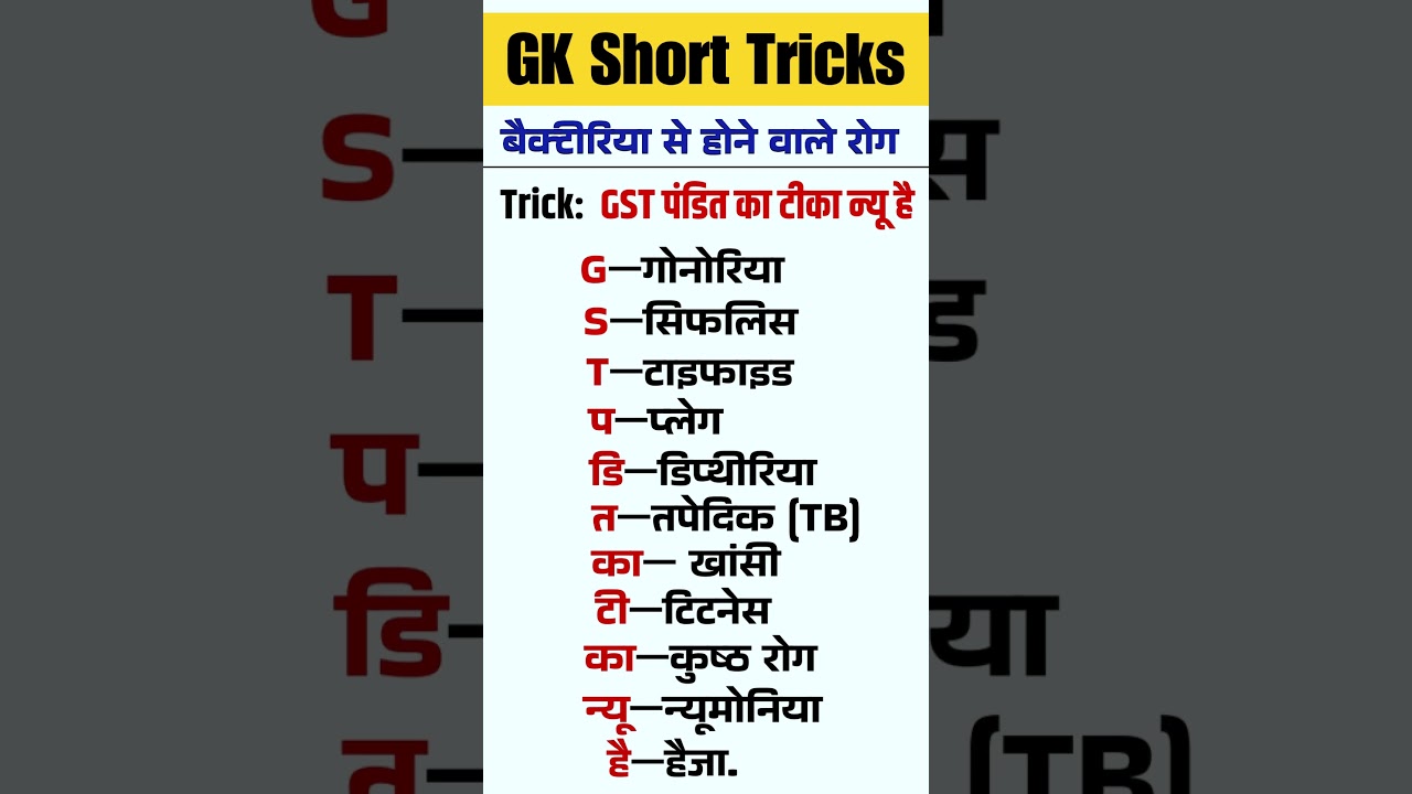 GK Trick : Bacterial Diseases Trick | जीवाणु (Bacteria) से होने वाले प्रमुख रोग | 😱#shorts