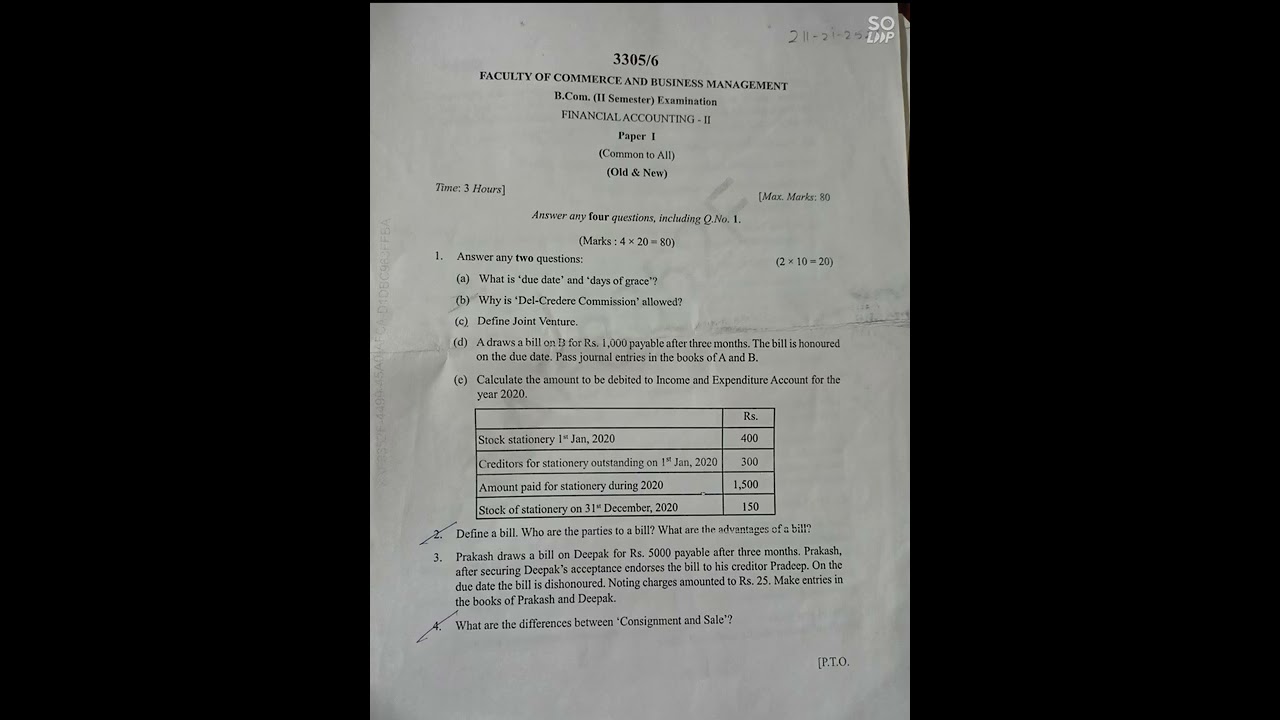 Degree 2nd sem  FA 2 financial Accounting |KU | Bcom | previous question paper 2021
