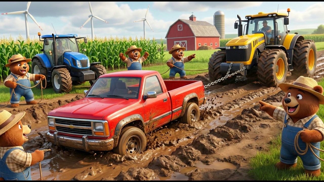 Red Truck Stuck in Deep Mud Rescue! Farming Life Simulation 3D Animation