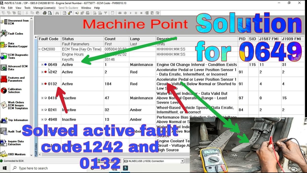 Accelerator pedal Not working due to active code 1242 and 0132 also an active code 0649 maintenance