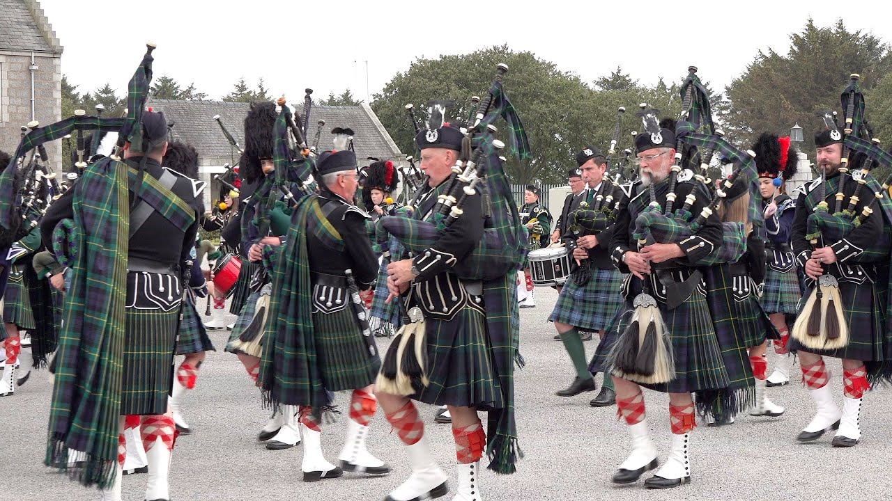 Scotland the Brave by the combined pipe bands on the march at Gordon Barracks in Aberdeen, Scotland