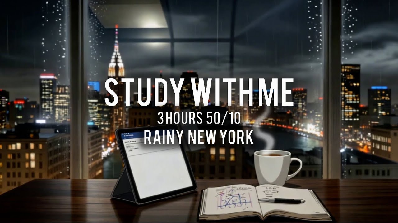Rainy New York ☔️ | STUDY WITH ME – 3 HOURS 50/10 | Pomodoro Timer | Animation