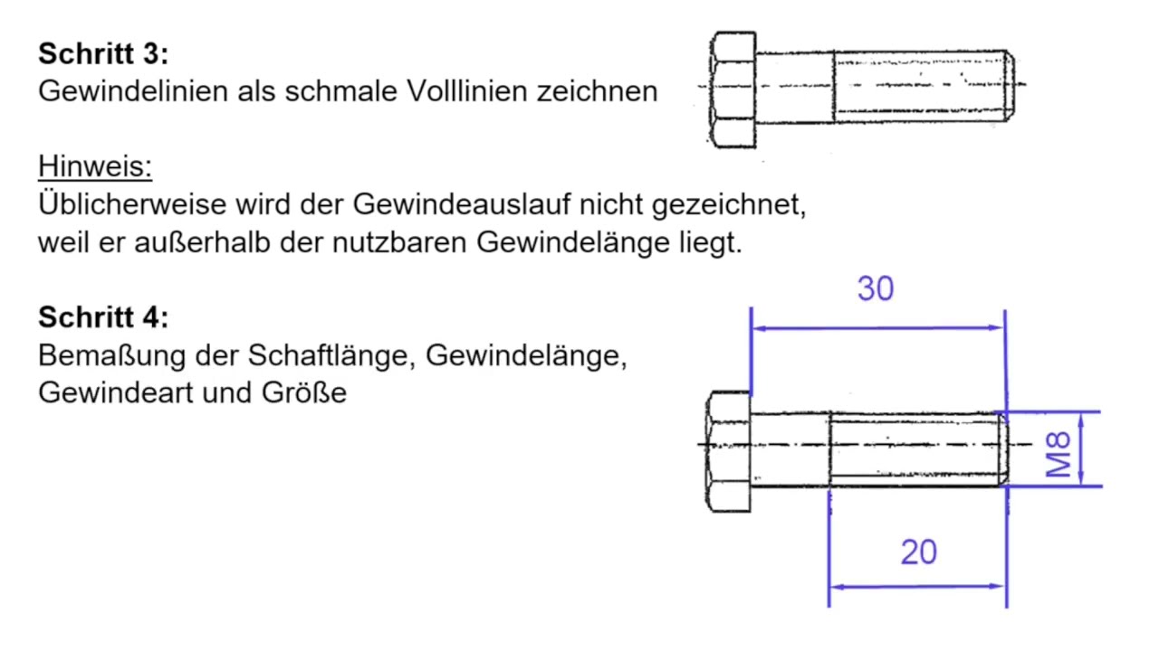 Zeichnen und bemaßen des Außengewindes einer Sechskantschraube in 4 Schritten (Technisches Zeichnen)