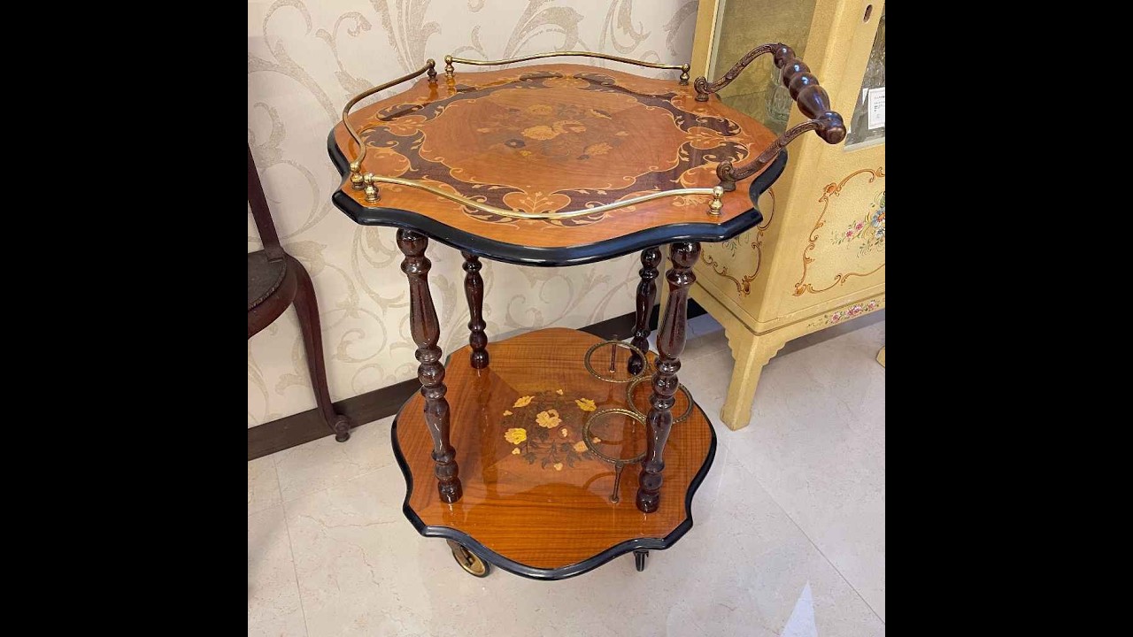 ビンテージ 20世紀後期(推定) サテンウッド イタリア インレイ 象嵌 ワインカート [ Antique and Reuse Fynd]  FYND-0002220 【Fynd 商品動画】