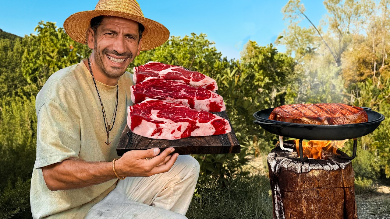 Grilling a Perfect Steak on a Finnish Log Candle - Outdoor Family Cooking!