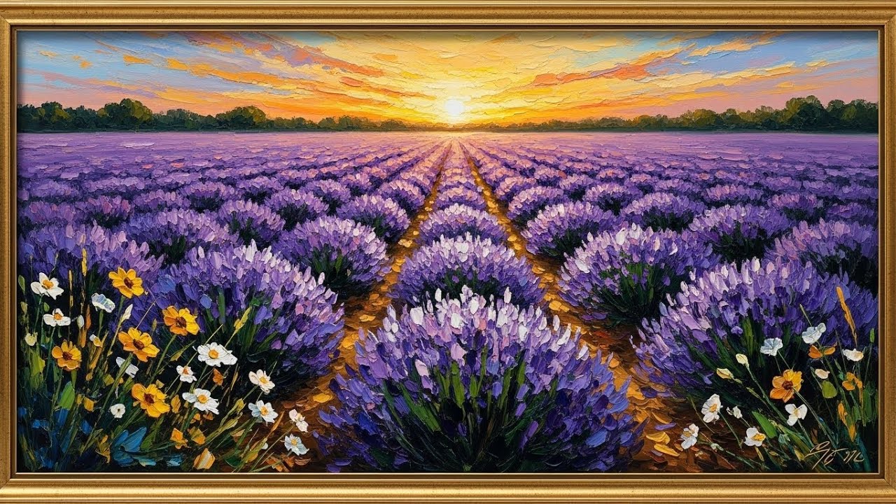 Frame TV Art With Music - TV Art Background:  Lavender Field Sunset | Textured Floral Oil Painting