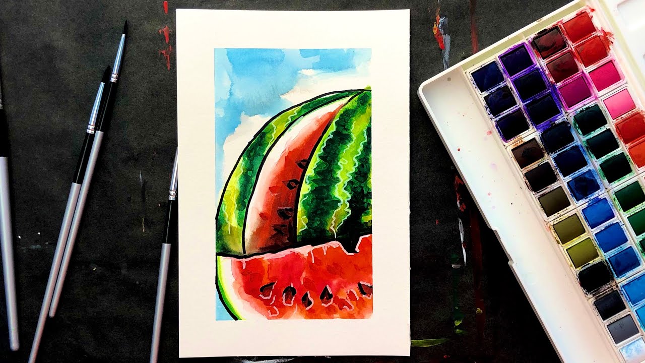 АРБУЗ 🍉• Как рисовать акварелью • Простой рисунок для начинающих • Натюрморт акварелью • Пошагово