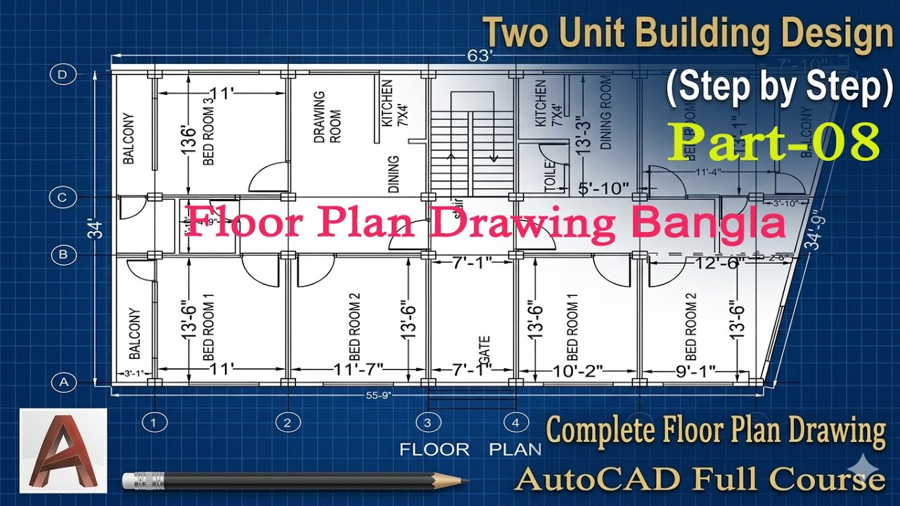 Building Drawing & Design: 2 Unit Floor Plan (Step by Step) | Two Unit Floor Plan in AutoCAD