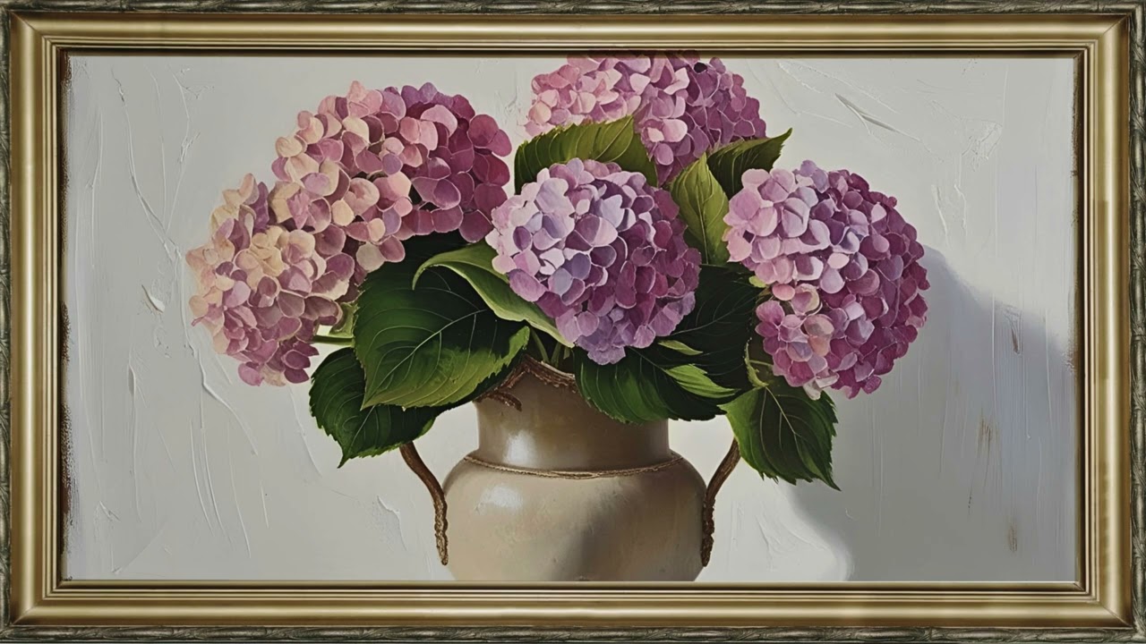 FREE TV ART VINTAGE SOFT FLORAL SCREENSAVER BACKGROUND FRAMED HYDRANGEA OIL PAINTING NO SOUND  4K