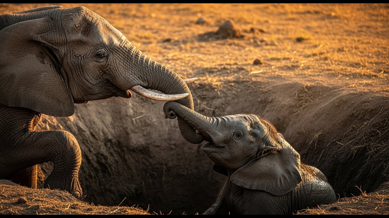 Incredible Maternal Instinct: Mother Elephant Rescues Baby Elephant From A Pit!