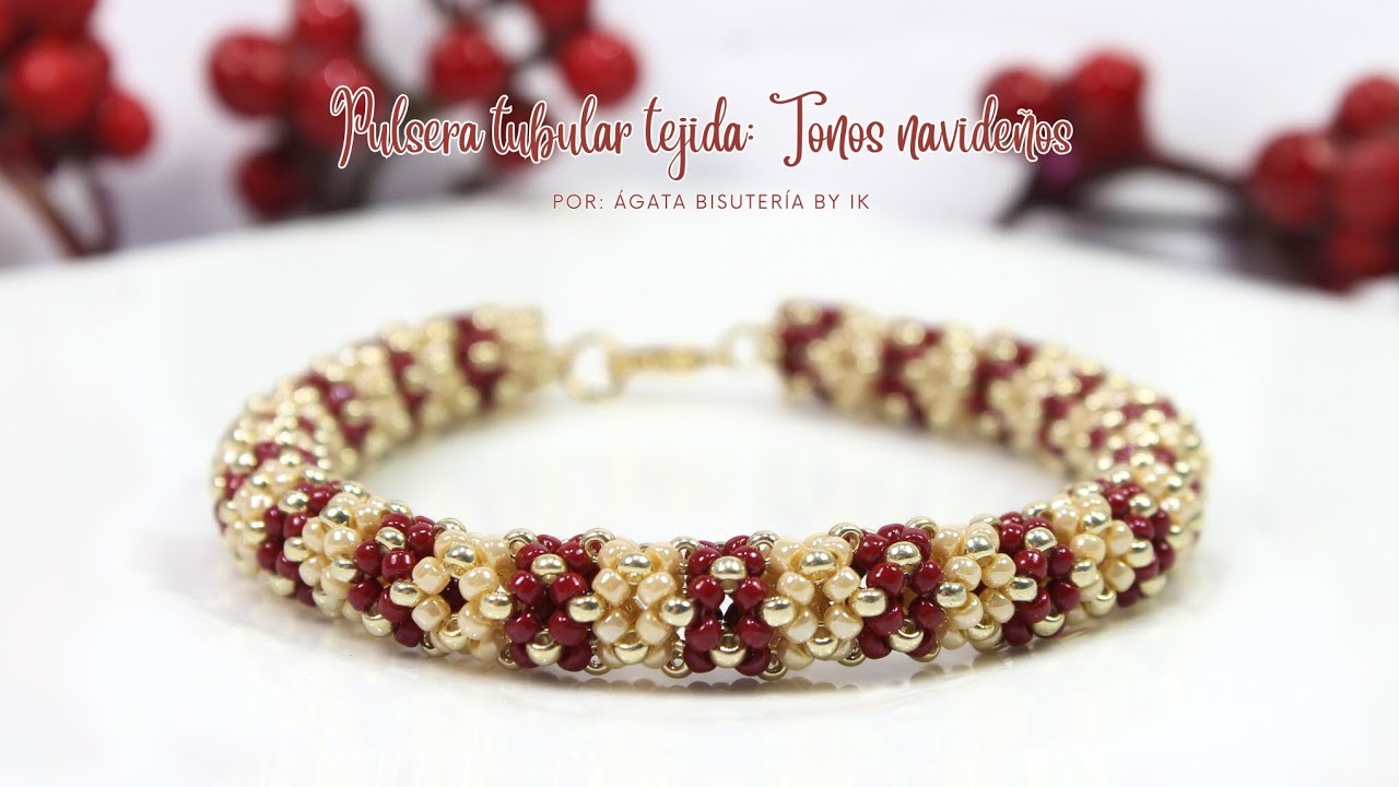 PULSERA TUBULAR TEJIDA: TONOS NAVIDEÑOS 