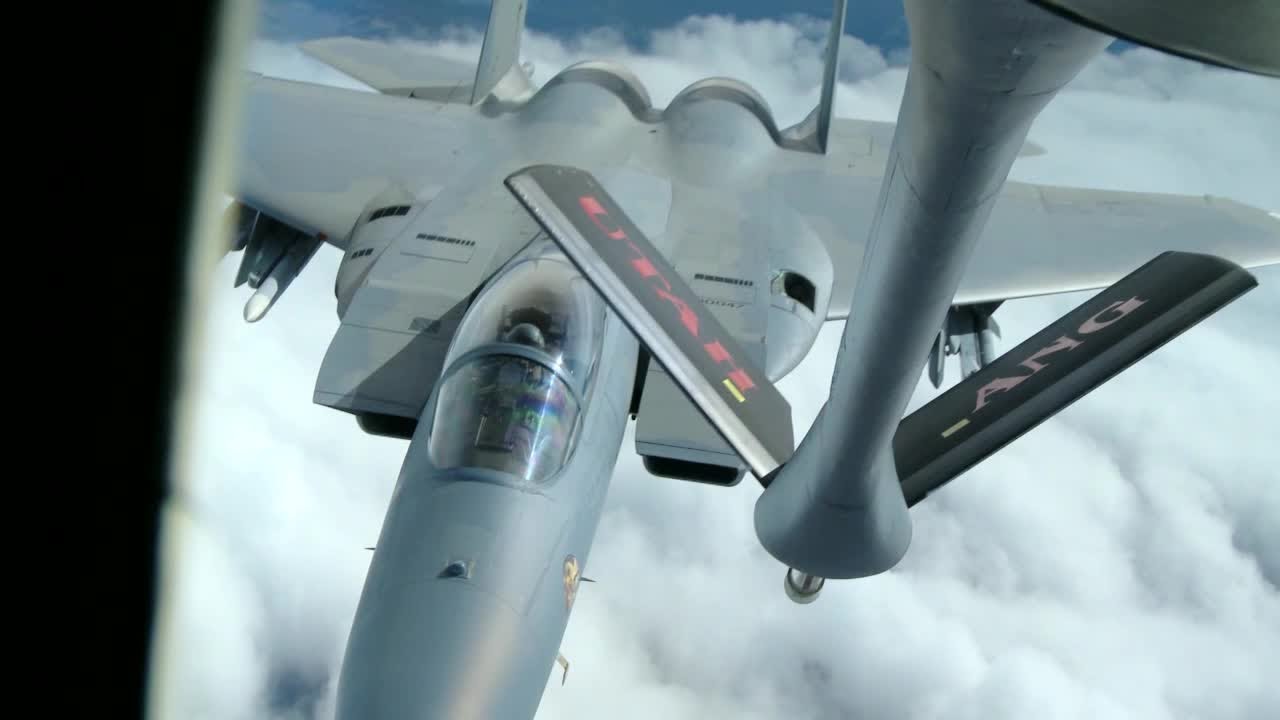 Inside View Of KC-135 Stratotanker Takeoff And Landing. F-15 Air Refueling From KC-135