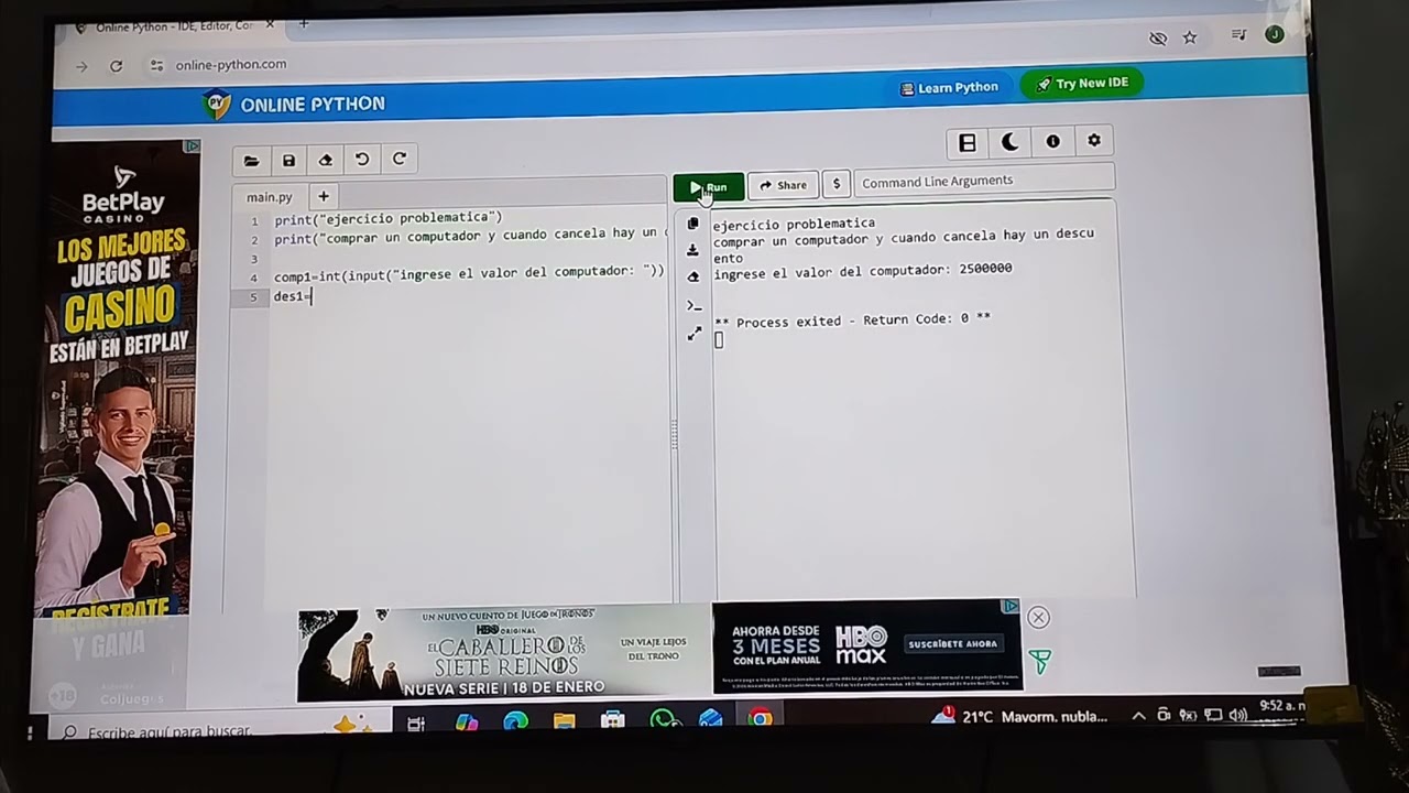 PYTHON, Resuelve el proceso Matematicó