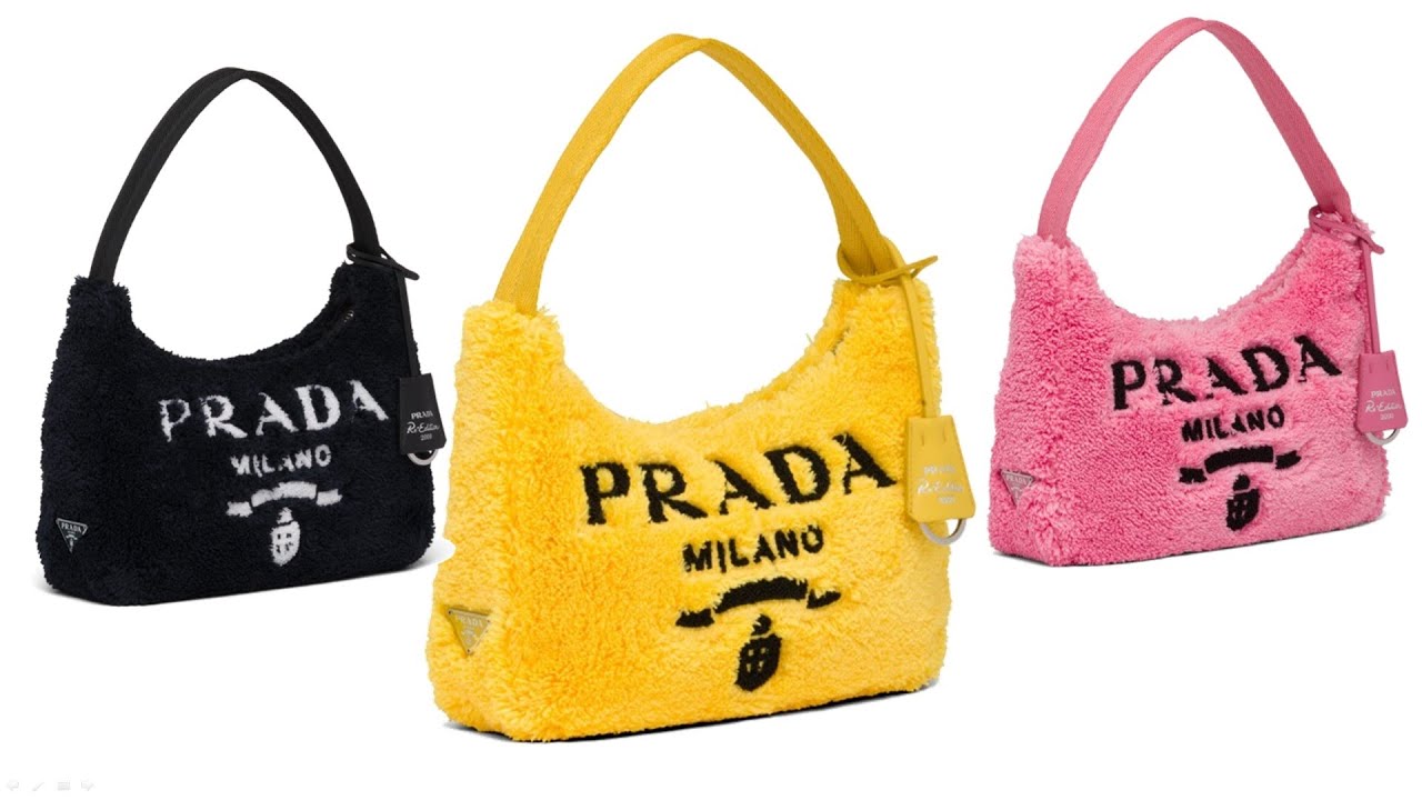 Prada bag. Re Edition 2000 terry mini bag. Black/White, Yellow/Black, Petal Pink/Black.