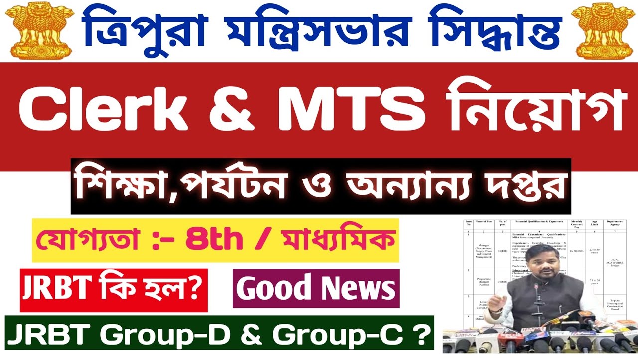 ত্রিপুরায় Clerk & MTS পদে নিয়োগ:-ত্রিপুরা মন্ত্রীসভা💥শিক্ষা,পর্যটন ও অন্যান্য💥JRBT Group-D,Group-C